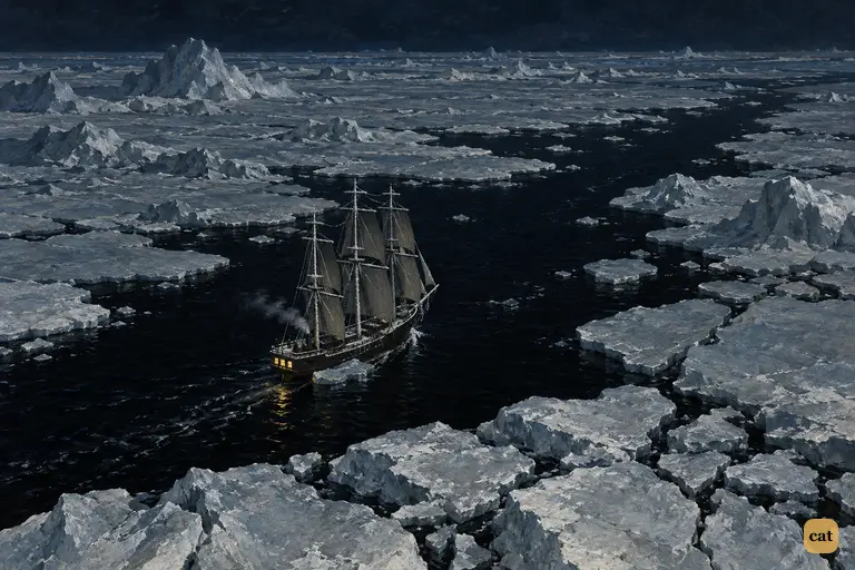 At midnight, a small whaler sails slowly south along a black lane of water through the ice