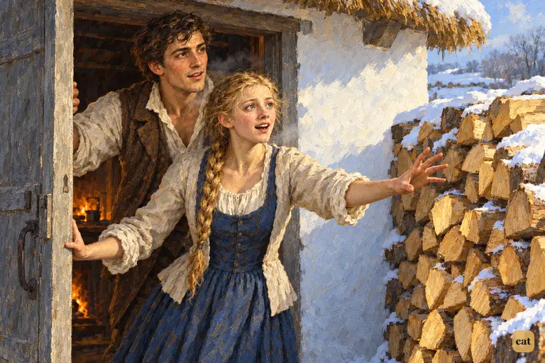 Agatha opens the cottage door to find an unexpected pile of firewood