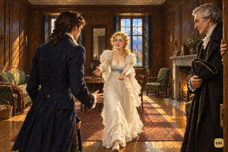Victor comes home to Geneva, and Elizabeth hurries across the sitting room to meet him.