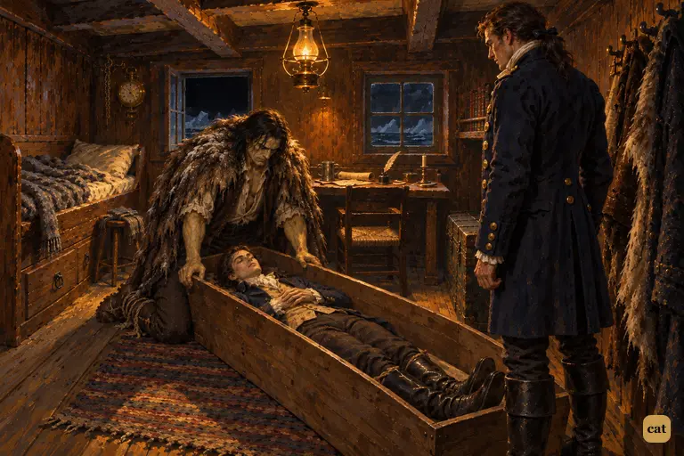 The giant creature kneels at the open coffin and bows over his dead creator's face