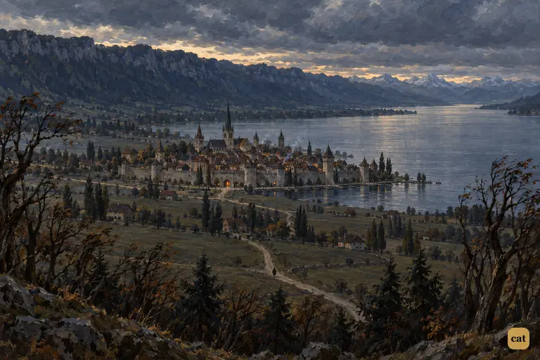Geneva from Mont Salêve at grey dusk, a small walled town between the lake and the Jura