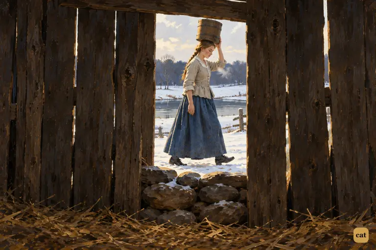 Through a chink in the hovel wall, the Creature watches a fair-haired girl carry a pail