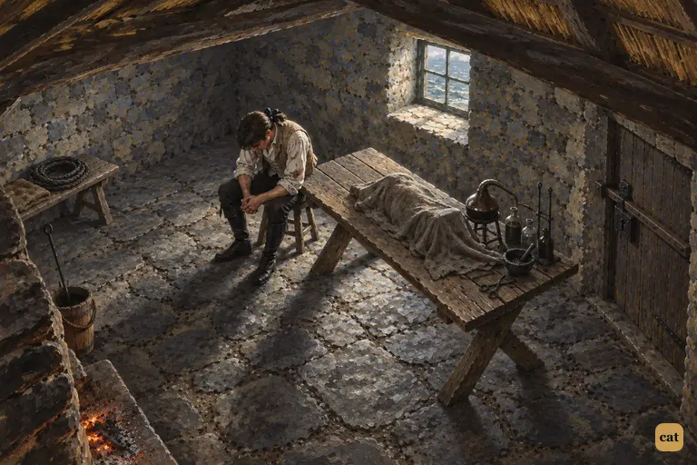 Alone in his stone laboratory on the Orkney rock, Victor sits bowed beside the covered work.