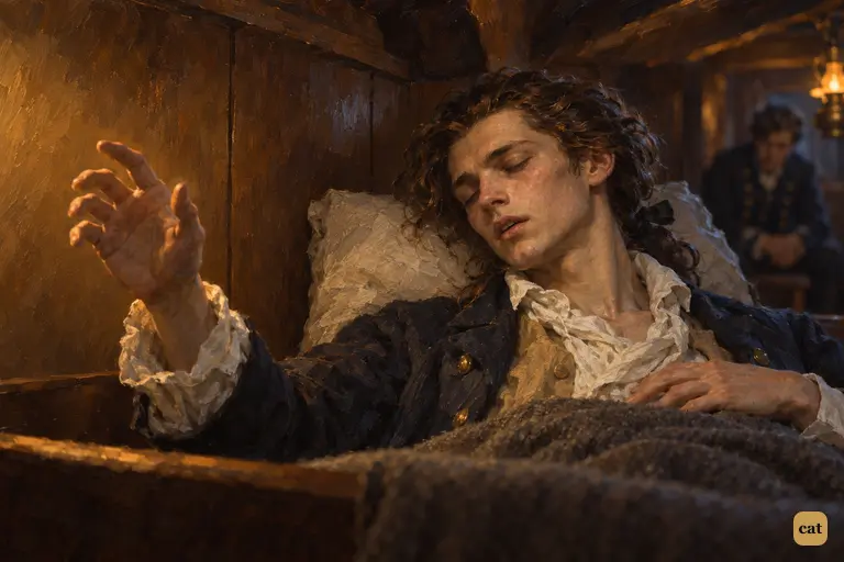 In the lamplit cabin, the dying guest speaks in his sleep and reaches into the empty air