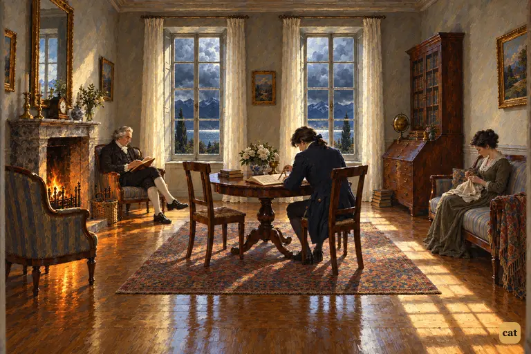 Victor bends quietly over his geometry at the round table while his parents read and sew.