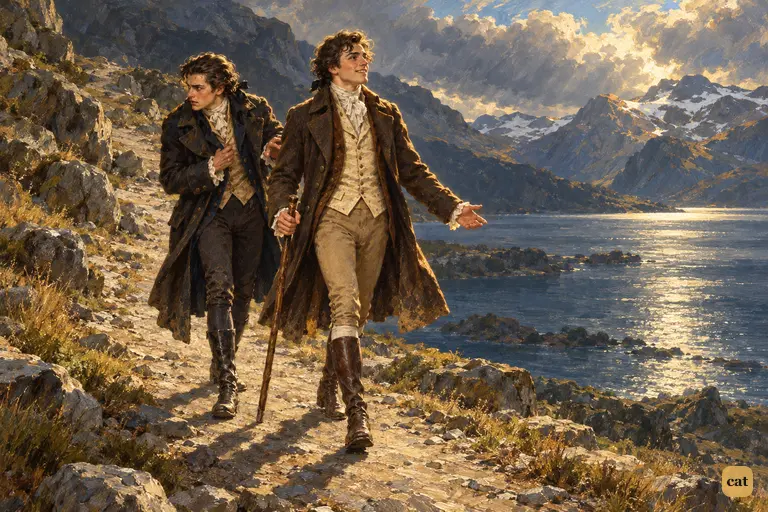 On a lakeside path in Cumberland, Clerval walks on cheerfully toward the bright water.