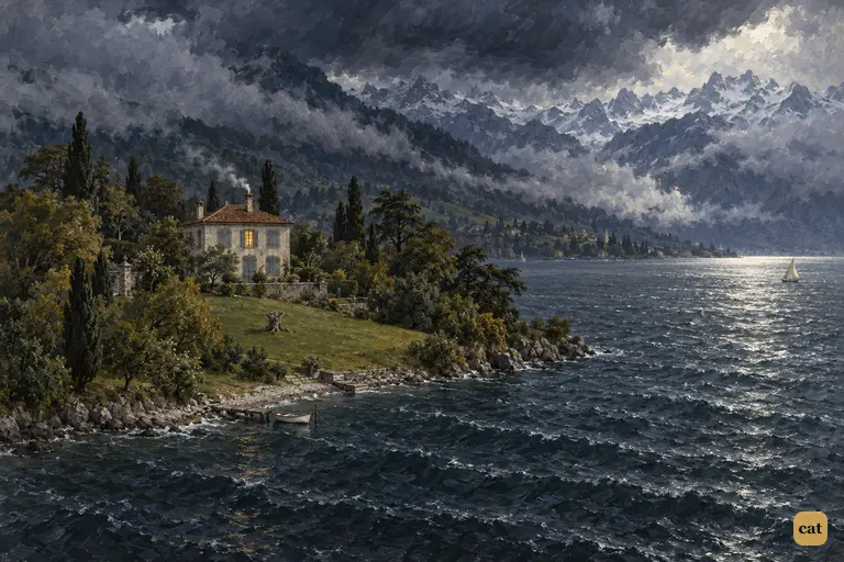The villa at Belrive sits small on its green promontory as a storm gathers over the Alps