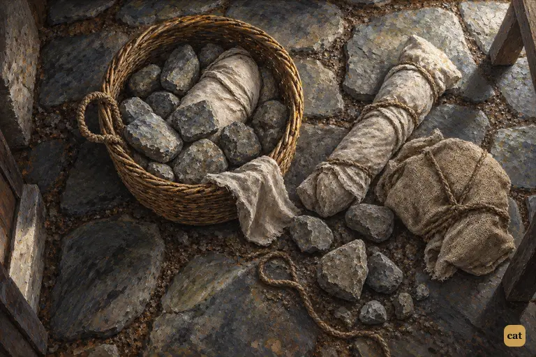 At daybreak, the half-finished creature's remains lie beside a stone-weighted basket