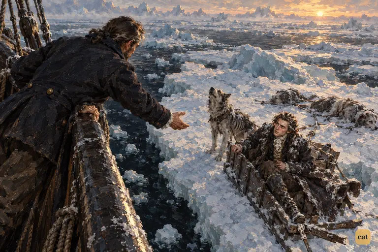 At a pale Arctic dawn, the ship's master reaches down to a half-frozen stranger