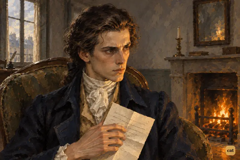 Victor sits in the worn armchair by the small Paris hearth, still gaunt from fever.