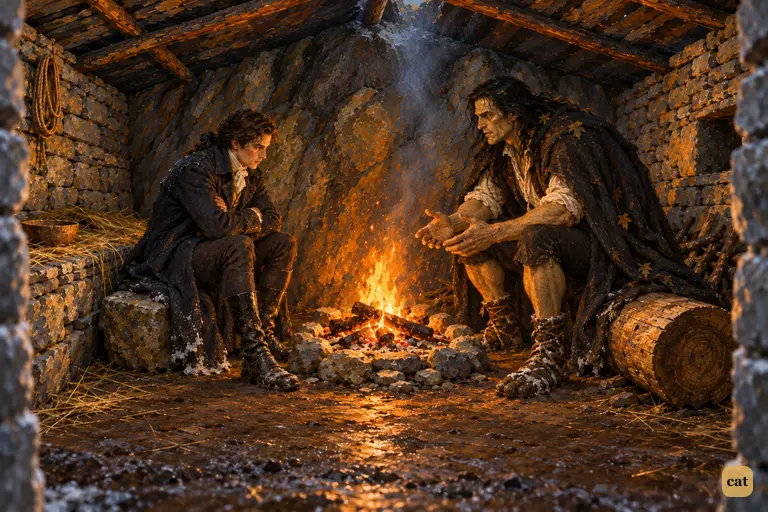 In the stone hut on the glacier, the creature leans toward the fire and begins his tale