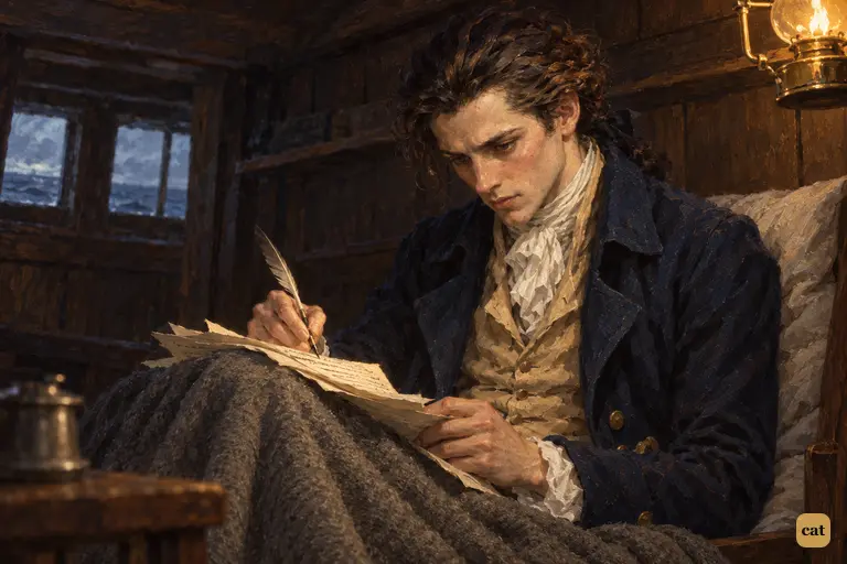 In the lamplit cabin, the dying Frankenstein sits up in Walton's bunk with the notes on his knees.
