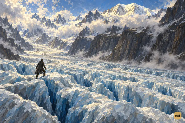 Mist lifts from the Mer de Glace, showing a lone traveller among the crevasses