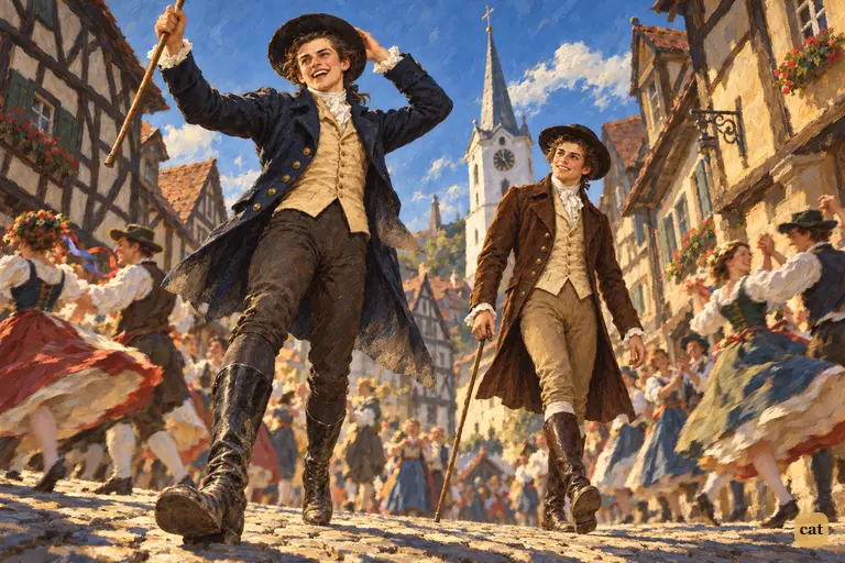 Victor bounds up a sunlit Ingolstadt street with his stick held high as Clerval laughs