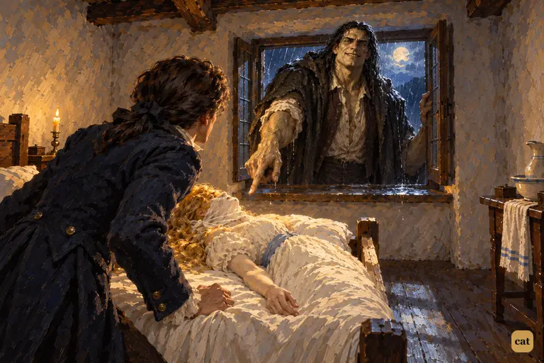 Victor looks up from Elizabeth's veiled body.