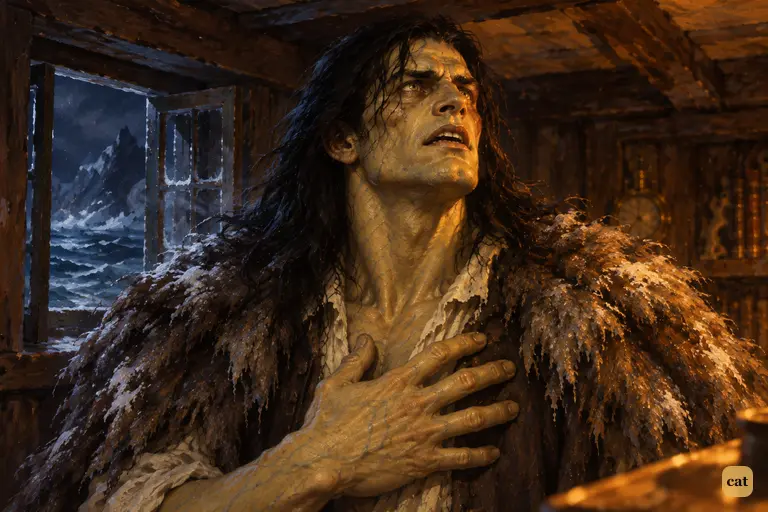 By the stern window, the creature stands tall, lifting his face as if seeing his pyre