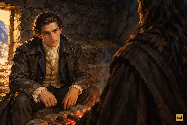 Victor finally lifts his head and faces the creature across the dying fire