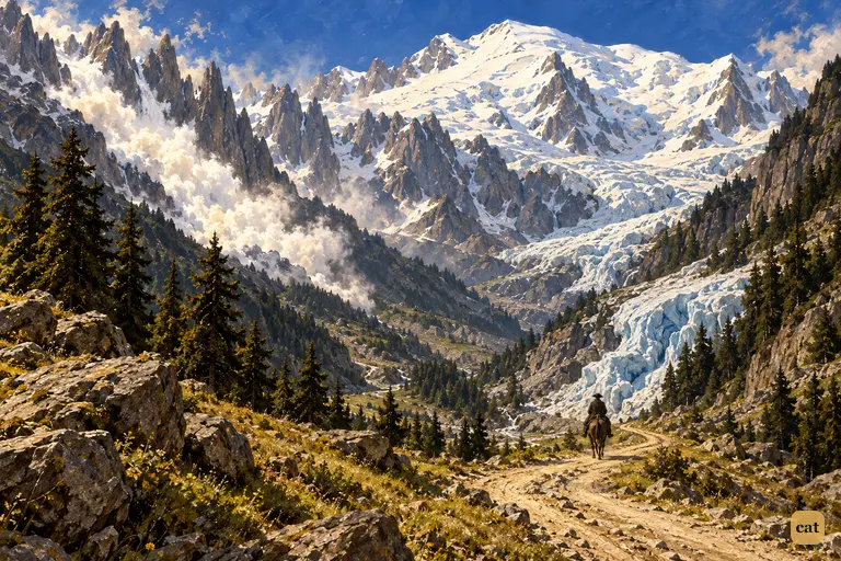Victor rides a mule into Chamounix as an avalanche thunders beneath Mont Blanc's dome