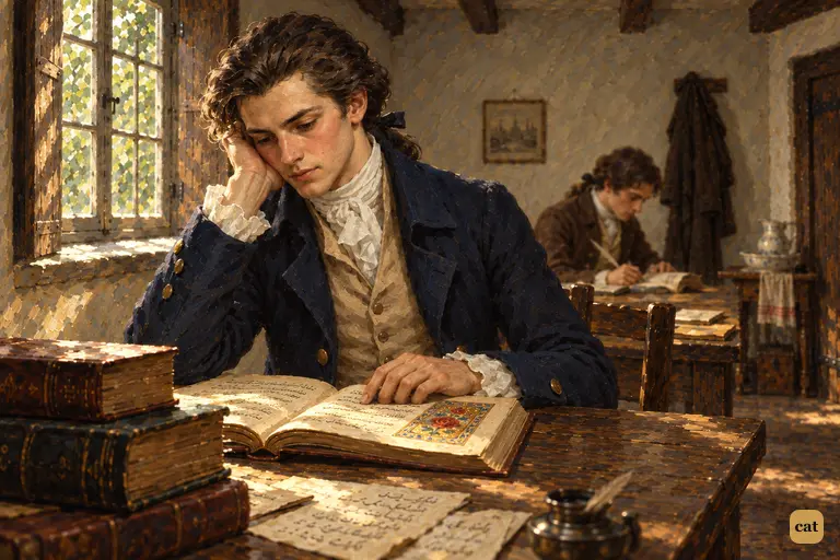Victor's face is at peace as he reads Persian poetry by the green light of the window