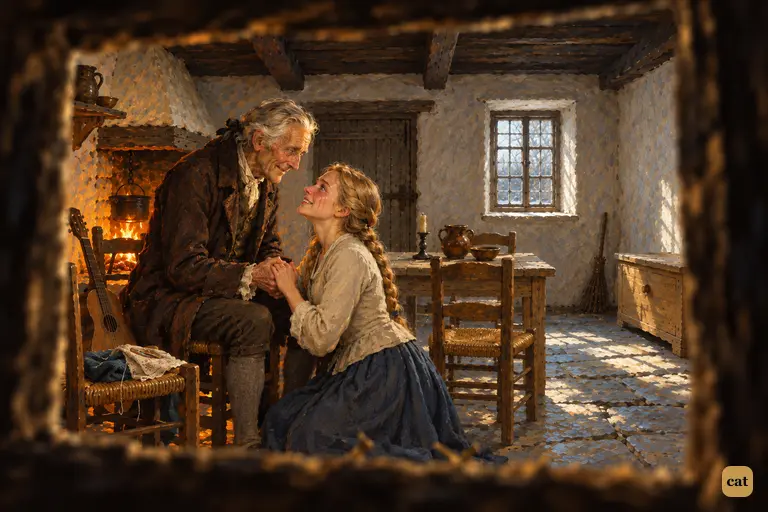 The Creature watches the blind old cottager lift his weeping daughter with tenderness