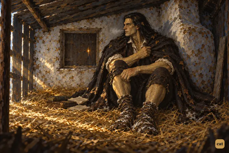 A year after waking, the Creature sits wrapped in his cloak on the straw of the frozen hovel.