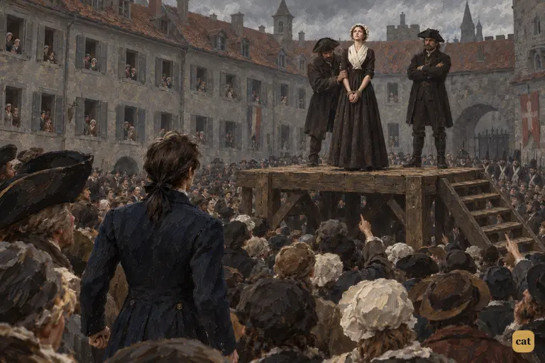Justine stands small and upright in black mourning on the scaffold above a hostile crowd
