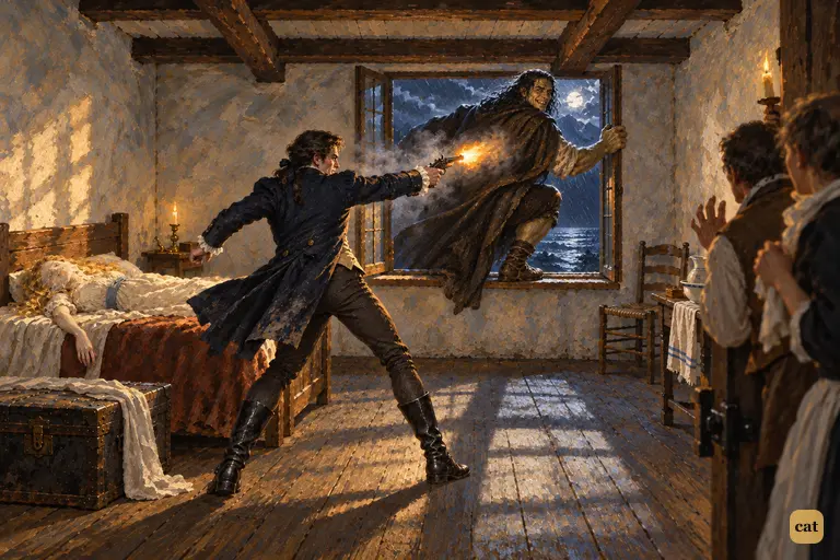 Victor lunges from his murdered bride's bed and fires at the creature on the sill