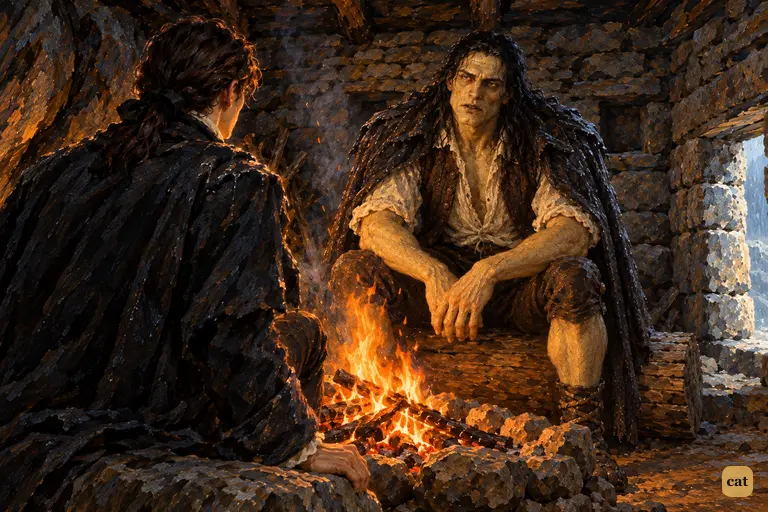 In a stone hut by the fire, the creature leans toward his maker and begins his tale