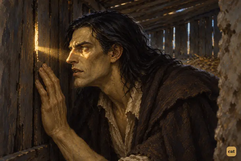 Hunched in the dark hovel, the creature presses his fingertips to the boarded window.