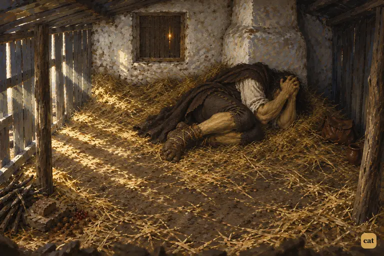 Alone in the grey hovel, the creature curls on the straw with his arms over his head