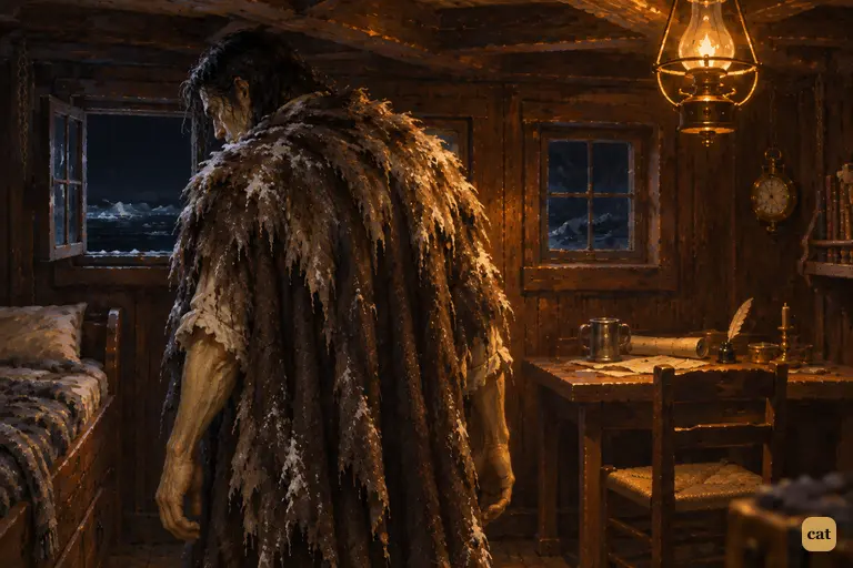 In Walton's cabin, the Creature turns from the lamplight to face the black Arctic ice