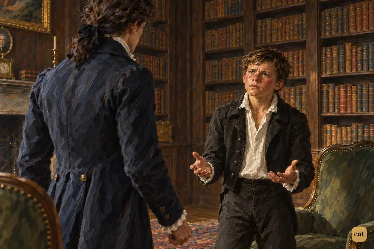 In the hushed library at grey dawn, Victor stands rigid as he hears Justine Moritz's name.