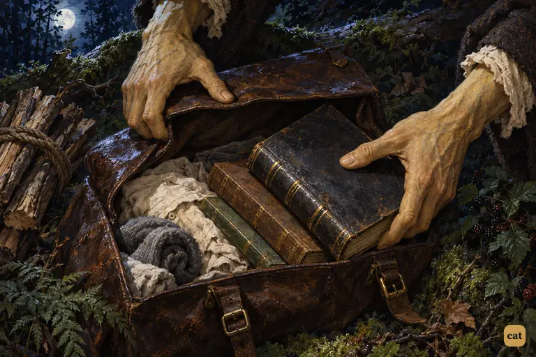 On an August night in the wood, the Creature's huge hands open a leather portmanteau he has found.