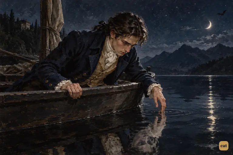 Adrift on the moonlit lake, Victor leans over the side toward his own reflection