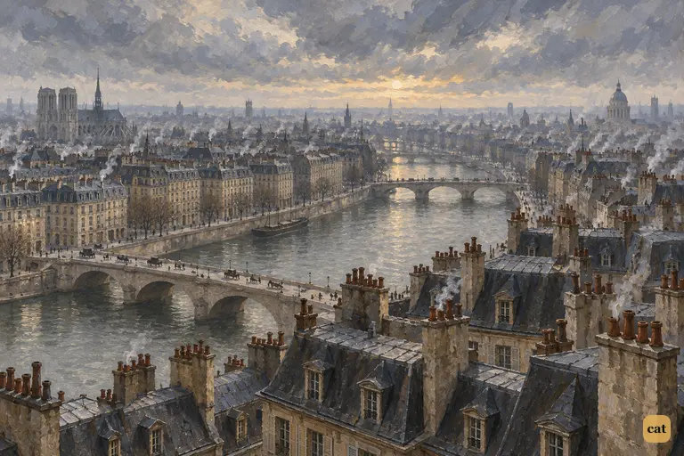 Paris spreads under a low overcast morning sky, with the grey Seine curving between its stone quays.