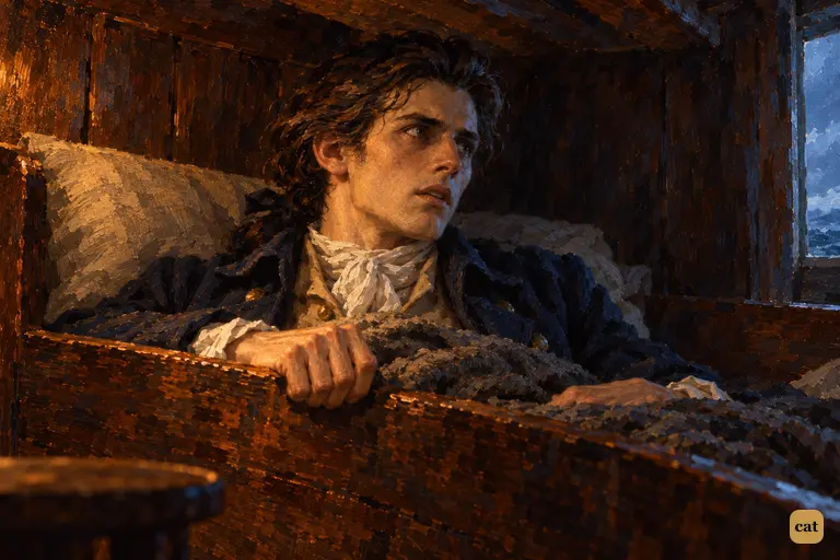 Calm in his bunk, Frankenstein says he must hunt down his creature and may then die