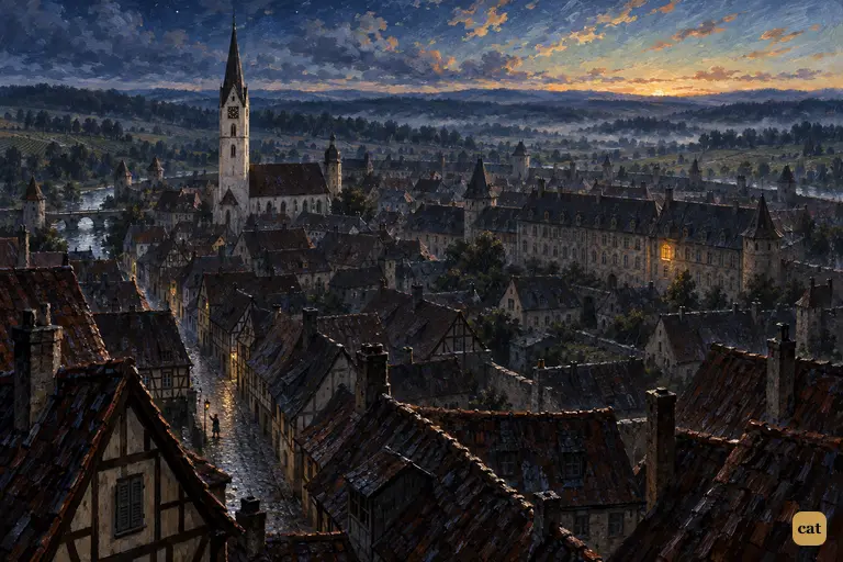 Walled Ingolstadt sleeps under fading stars while one laboratory window still burns
