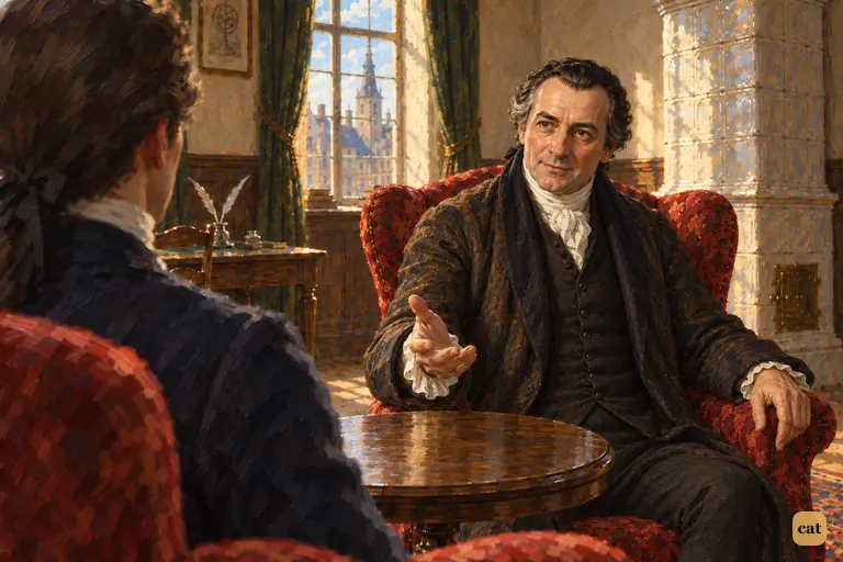 In his parlour, Professor Waldman holds out an open hand to welcome Victor as his pupil