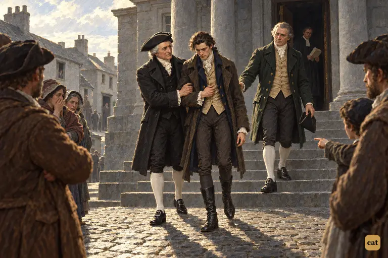 Freed, Victor comes down the courthouse steps between his father and Mr. Kirwin