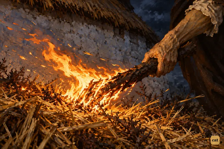 The Creature drives a burning branch onto the straw heaped against the De Lacey cottage
