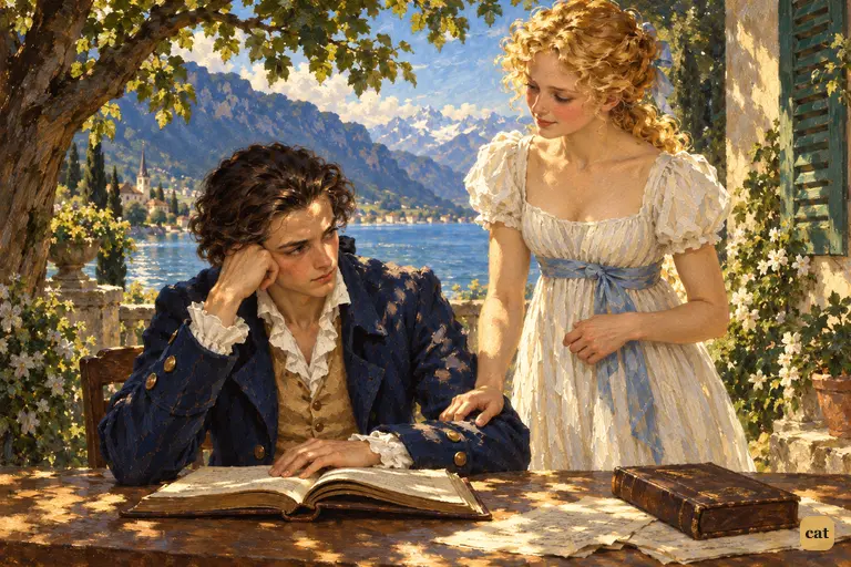 In the garden at Belrive, Elizabeth rests a hand on sullen, book-bent Victor's sleeve