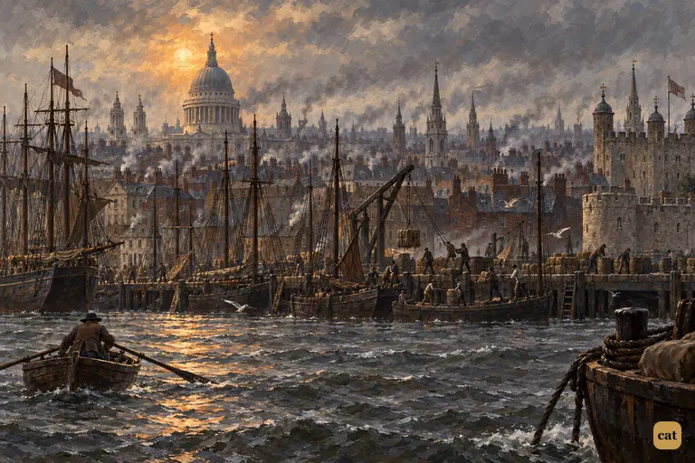 Grey London under winter coal smoke, seen from the Thames: wharves, masts and St. Paul's