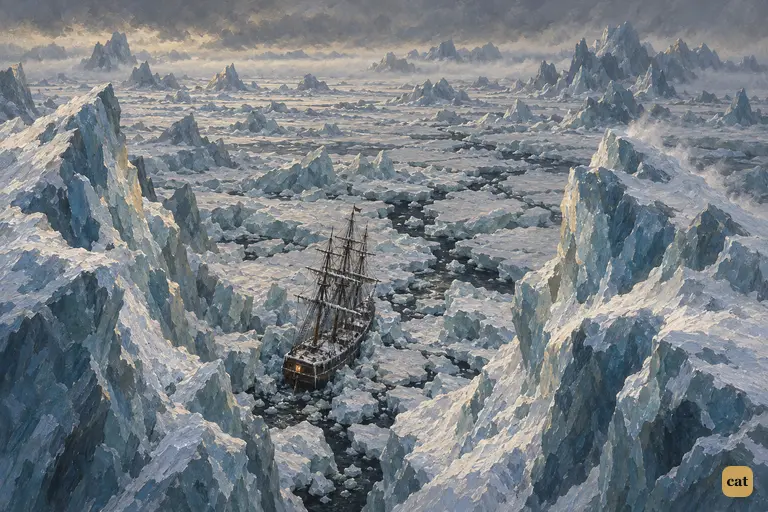 From high above, a small whaler sits frozen fast between two jagged mountains of ice