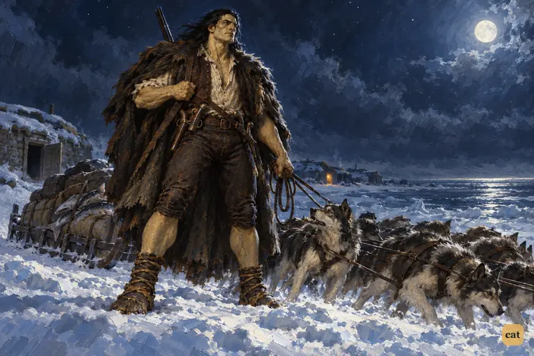 On a moonlit night, the giant stands beside a sledge loaded with stolen winter food