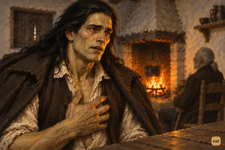 By the fire, the creature presses his hand to his heart and thanks the blind old man