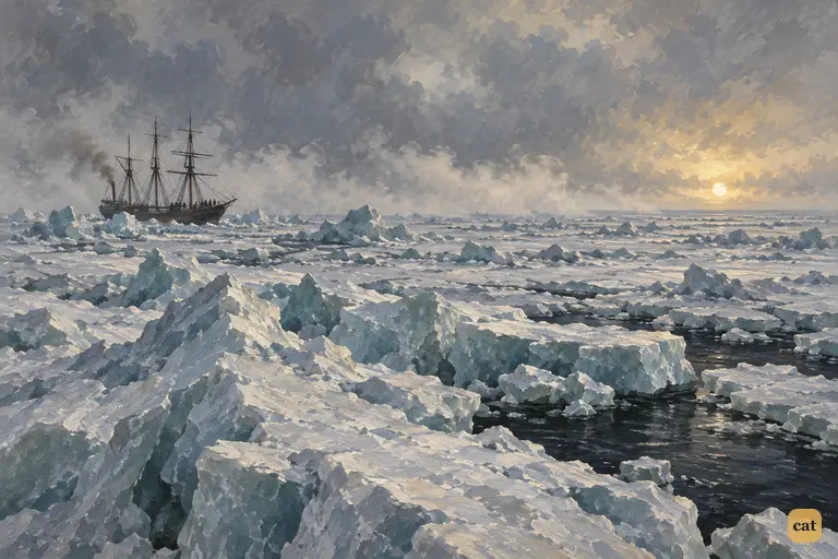 The fog lifts at two o'clock and shows grey, broken ice running to the horizon on every side.