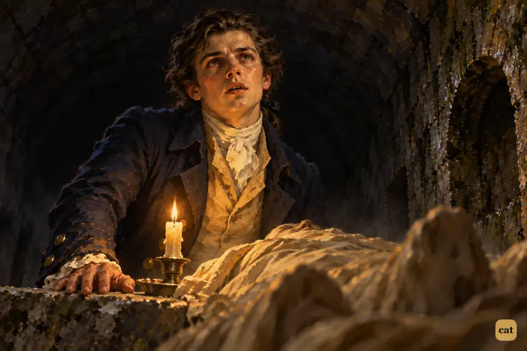 Deep in the charnel vault, Victor stops in the middle of examining a body.