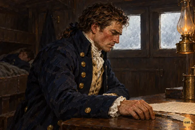 Walton sits bowed over the letter in which he has just agreed to turn back