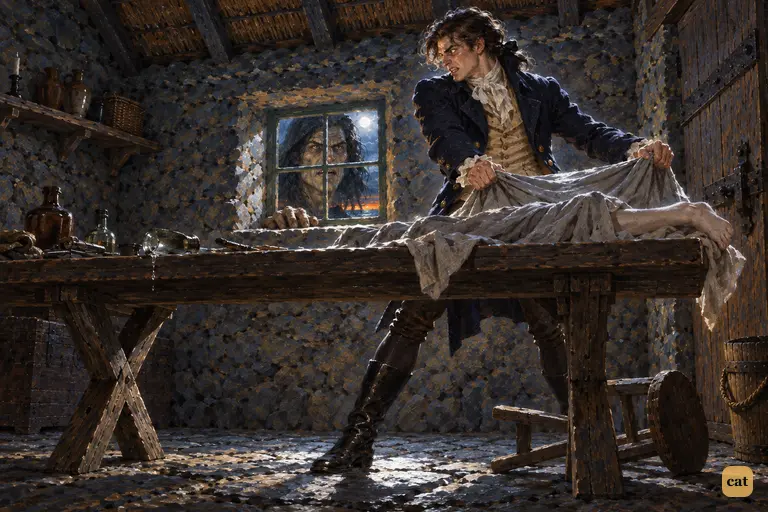 By moonlight, Frankenstein rises from his stool and tears apart the half-finished female.