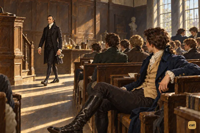 Victor goes into the lecture out of idle curiosity and sees M.